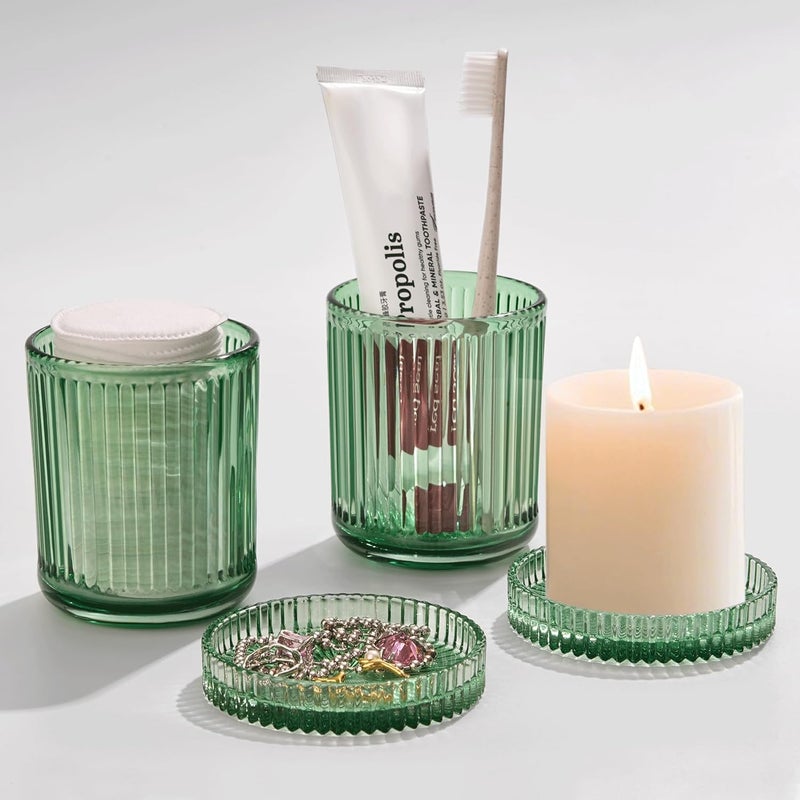 MKOSAB 2 Pack Qtip Holders for Bathroom, Clear Glass Apothecary Jars with Lids,Vintage Bathroom Canisters for Cotton Balls,Swabs,Floss Picks,Hair Ties,Vanity Organizer and Storage Decor (Green) - Image 3